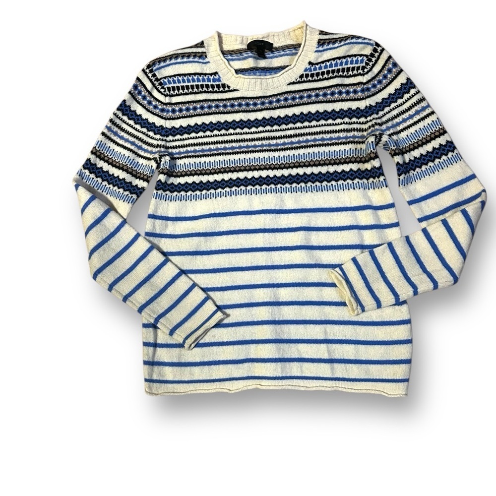 J. Crew 100% Wool Blue + White Fair Isle‎ Sweater Size XS striped